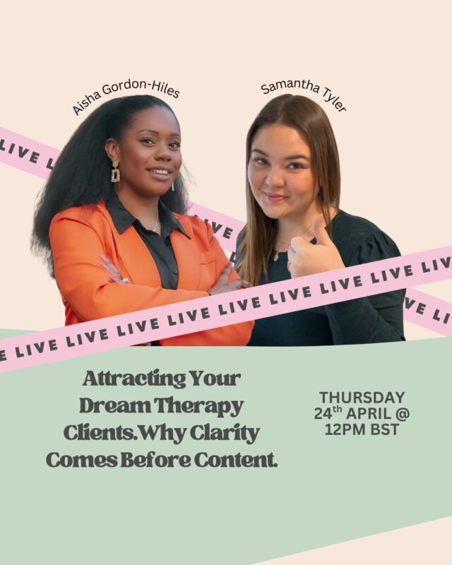 I'm joining Aisha Gordon-Hiles (@thecontainedclinician) tomorrow at 12pm BST for an Instagram Live all about attracting your dream clients as a therapist.

We’ll be chatting about:
👉 Why getting clear on your ideal client is the real game-changer (before you ever think about posting)
👉The most common mistakes therapists make online
👉Simple, practical steps to help you feel more confident about your messaging (even if you’re just starting out or feeling stuck)
👉 What’s inside The Client Clarity Method for Therapists (and how it sets the stage for your growth)

If you want to feel less overwhelmed and more in control of your practice, you won’t want to miss this, so set a reminder for 12pm BST tomorrow!

See you there? 

Samantha ❤️

#TherapistMarketing #PrivatePracticeGrowth #DreamClients #SocialMediaForTherapists #TherapistCommunity